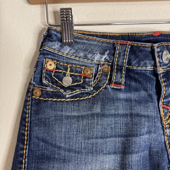 True Religion Shorts Womens 24 Blue Denim Raw Hem Distressed Cutoff Mid Rise y2k - Picture 2 of 10